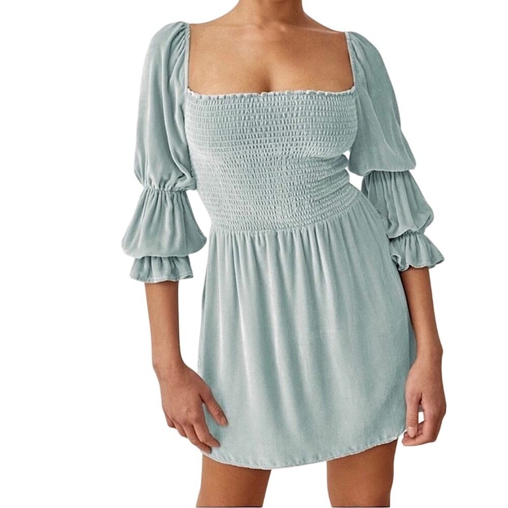 NEW Reformation Albi Long Sleeve Velvet Mini Dress in Turquoise Size XS